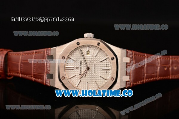 Audemars Piguet Royal Oak 39MM Miyota 9015 Automatic Steel Case with White Dial Brown Leather Strap and Stick Markers (BP) - Click Image to Close